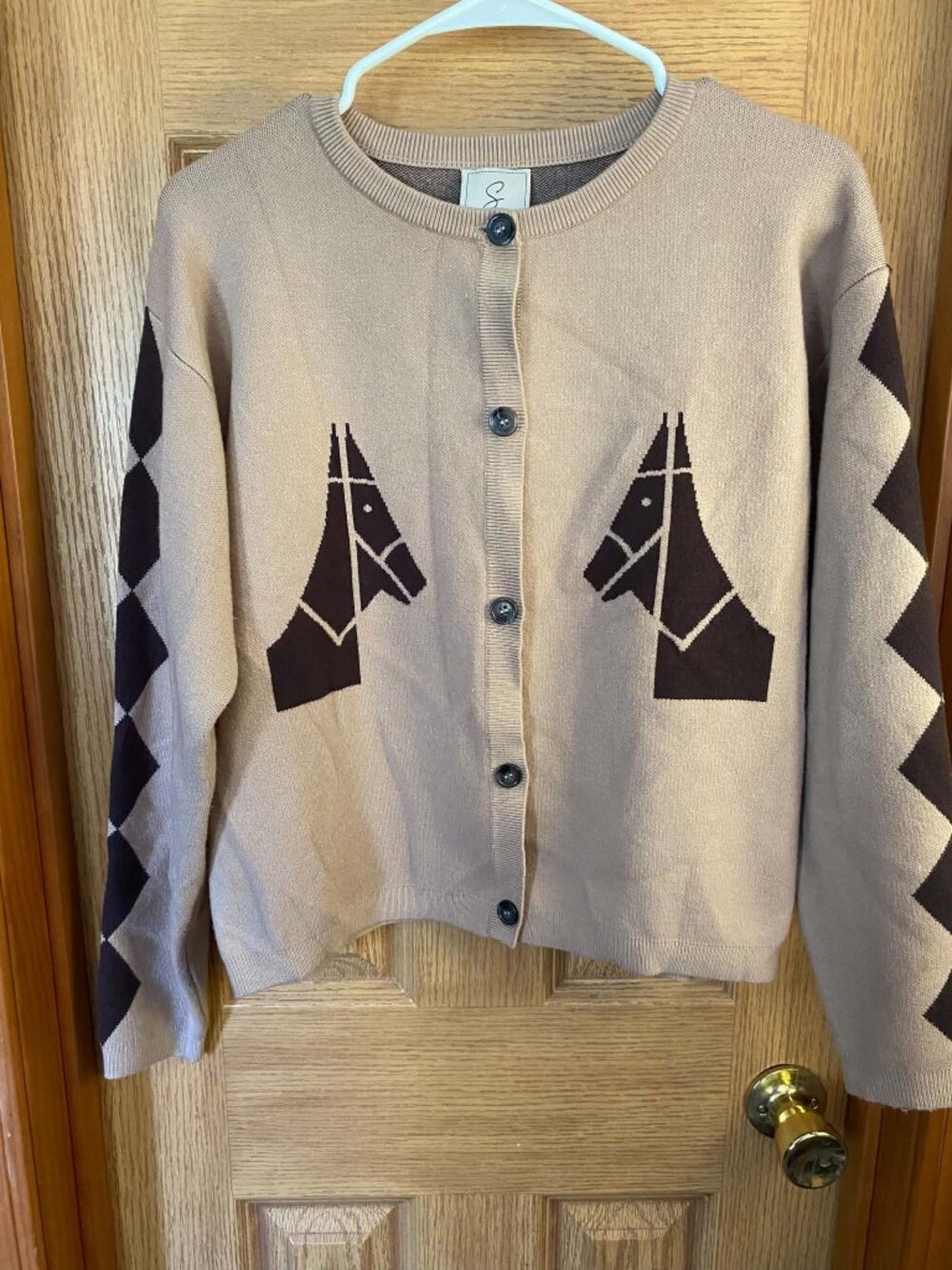 Sioni Tan & Brown Horse Graphic Equestrian Cardigan Sweater Size M